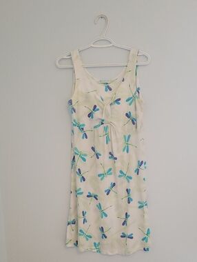 Lulu-B Cream Midi Dress with Blue & Teal Dragonfly Motif